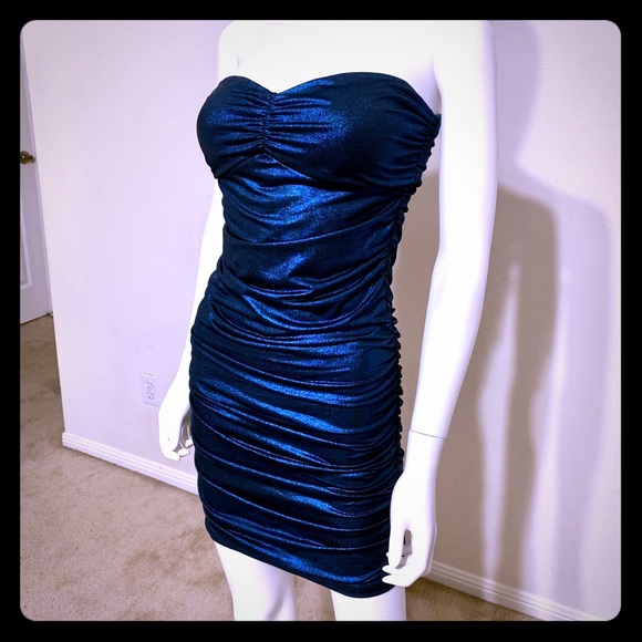 Forever 21 blue metallic ruched strapless dress - Picture 3 of 7